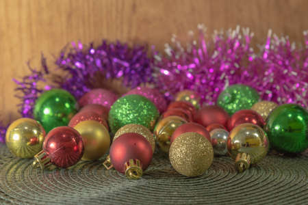 Christmas decoration. Christmas tree balls arranged on a green background. Parties. Santa Claus. celebrations. Christmas day.の写真素材