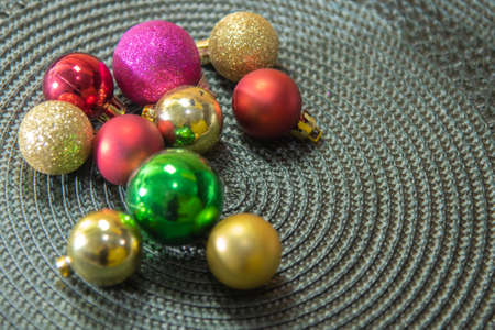 Christmas decoration. Christmas tree balls arranged on a green background. Parties. Santa Claus. celebrations. Christmas day.の写真素材