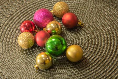 Christmas decoration. Christmas tree balls arranged on a green background. Parties. Santa Claus. celebrations. Christmas day.の写真素材