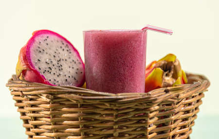 Pitaya fruit and juice (Selenicereus setaceus). Exotic fruit. fiber-rich drink. Dragon fruit. Pitayas have been known in Aztec culture for a long time, this name means fruit of scales.の写真素材