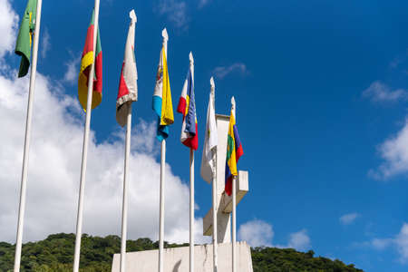 Flags of the Monument to the Italian Immigrant, erected in honor of the centenary of Italian colonization in the region, started in 1877, in the city of Silveira Martins, State of RS, Brazil.のeditorial素材