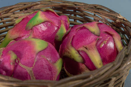 Natural pitaya fruits. Pitaia is the name given to the fruit of several species of epiphyte cacti of the genera Hylocereus and Selenicereus, native to regions of Central America and Mexico.の写真素材