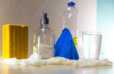 Hygiene kit. Bar soap, alcohol gel, surgical mask and disposable gloves. Prevention and fight...