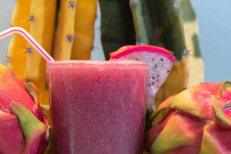 Pitaya juice and fresh fruits. Pitaya juice is rich in vitamins and is great for health. Detox and low calorie drink. Exotic and refreshing drink. Dragon fruit.の写真素材