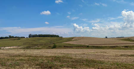 Rural landscape. Blue and endless sky. Soy production fields in southern Brazil. Area of farms and...