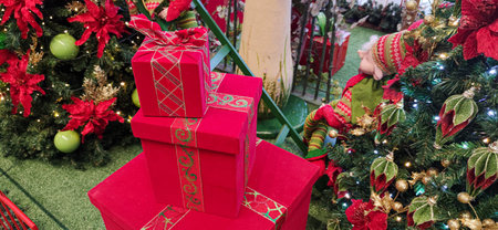 Christmas decoration. Christmas motifs and lights, gifts, pines, balls and backlights. End of year...