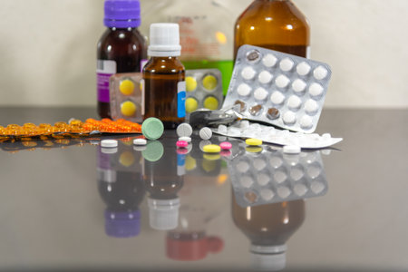Pills and medicines. Drugs and medicine capsules for human use. Pharmaceutical and chemical industry. Medicines for health. Inputs for pandemic and disease control.の写真素材