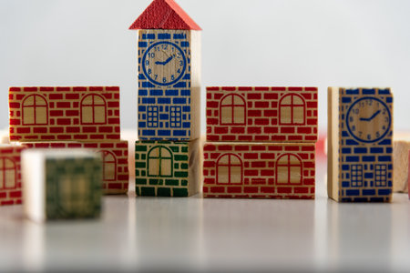 Toy blocks. Assembling and fitting blocks help a lot to improve children's education. Blocks to stimulate colors, shapes and development of motor coordination. Fun for childrenの写真素材