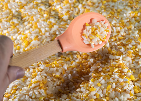 Wooden and silicone spoon. Popcorn is a little different from the usual, as it bursts after being dried if heated in a popcorn maker or other utensil.の写真素材