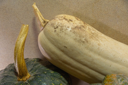 Green pumpkins and fresh strawberry on wooden background. Ornamental and used fruits for the manufacture of sweets. Hallowen fruits. Plants that grow best in moderately warm weather.の写真素材