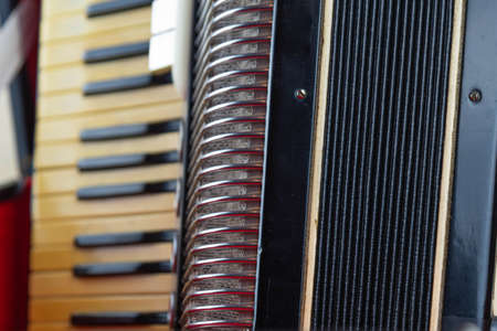 Old musical accordion isolated on dark background. Accordion in close up. Musical instrument of the...
