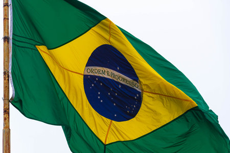 Flag of the federative republic of Brazil. Brazilian official flag. National symbol. Green and yellow flag. Pennant hoisted in the wind. Pavilion. Civic symbol. National symbol of Brazil.の写真素材