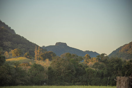 Natural landscape of the Atlantic Forest in southern Brazil. Vegetation and flora of the Atlantic Forest. Tropical forest. Geographical formations of hills and mountains. Green Hell.の写真素材