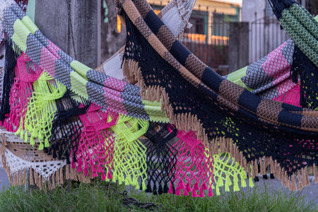 Outdoor extended handmade hammocks for sale. Rest hammocks. Handcrafted product. Hammock.の写真素材
