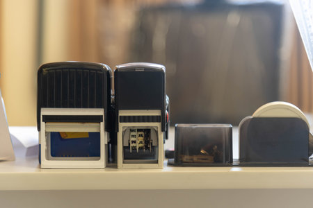 Stamps in an office environment. Selective focus. Workplace. Empty office. Administrative office. I...