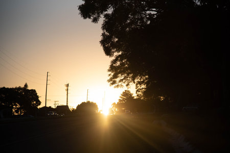Sunset silhouette in rural landscape. Dramatic sky at dusk. Nature. Feelings of peace and calm.の写真素材