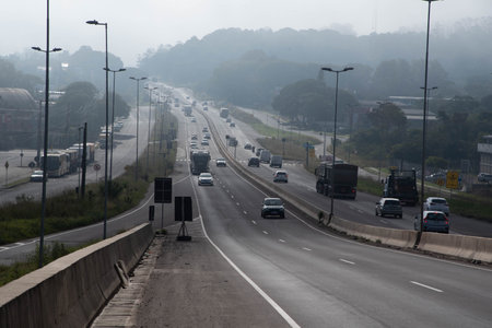 Traffic on an urban road in the city of Santa Maria RS Brazil. urban city. Geographical center of Rio Grande do Sul. university city. Highway. transport infrastructure.の写真素材