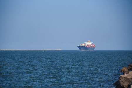 Cargo ship entering the port entrance in Rio Grande, RS, Brazil