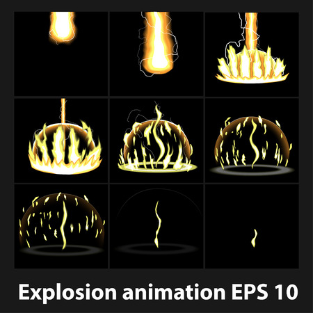 Explosion, cartoon explosion animation frames for game. Sprite sheet on dark background, Lightning animation. Game animation of lightning. Game animation.のイラスト素材