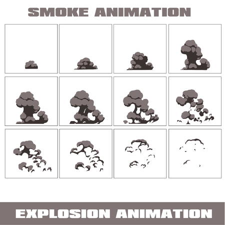 Explosion, cartoon explosion animation frames for game. Sprite sheet on dark background, Lightning animation. Game animation of lightning. Game animation. Smoke animation.のイラスト素材