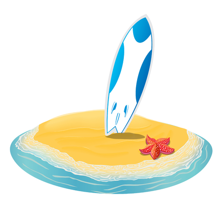 Sea landscape summer beach, surfboards stuck in the sand. Beach of the sea to the island in the distance in summer vacation. Surfboards set. Surfboards collectionのイラスト素材