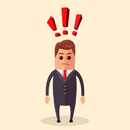 Flat illustration. Manager character or businessman having a question and a lot of exclamation marks. Manager character is thinking about of something. Funny cartoon businessman in various poses for use in presentations, etc.のイラスト素材