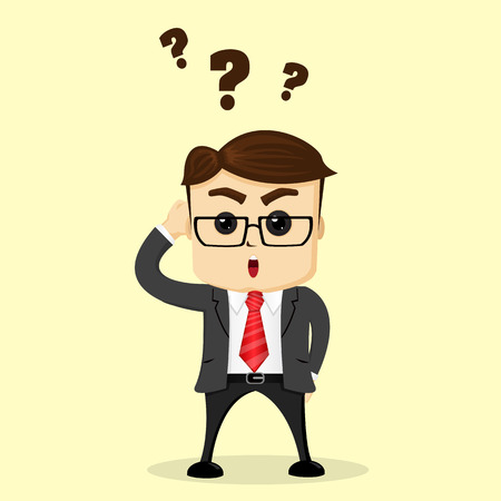 Vector flat illustration. Businessman scratching his head. Quastions.のイラスト素材