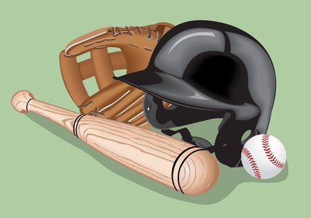 Baseball equipment: a bat,  ball and  helmet. Vector realistic illustration.のイラスト素材