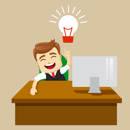 Vector illustration of happy smiling businessman. Concept of creating new ideas or thoughts. Business man or manafer character get the idea.のイラスト素材