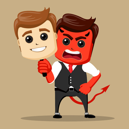 Vector businessman with two faces mask. Angry character with happy mask. Manager character as a devil.の写真素材
