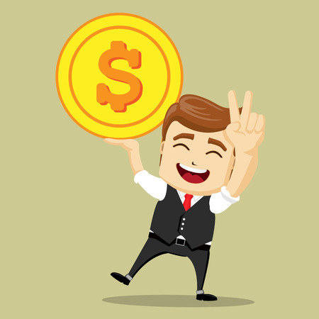 Vector businessman with gold coin in his hand. Big dollar bill. Business man and money.の写真素材