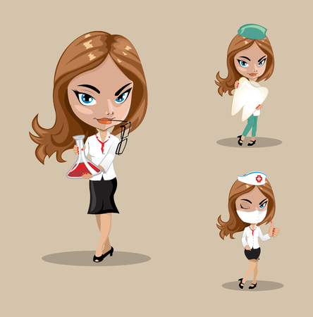 Woman doctor or nurse in a vector, Set of three female doctors in different poses, vector illustrationの写真素材
