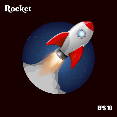 Rocket ship.Vector illustration with 3d flying rocket. Space travel to the moon. Space rocket launch. Project start up and development process.のイラスト素材