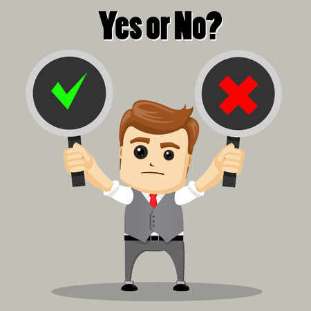 The businessman chooses between Yes and No. Undecided Businessman Making Decision.のイラスト素材