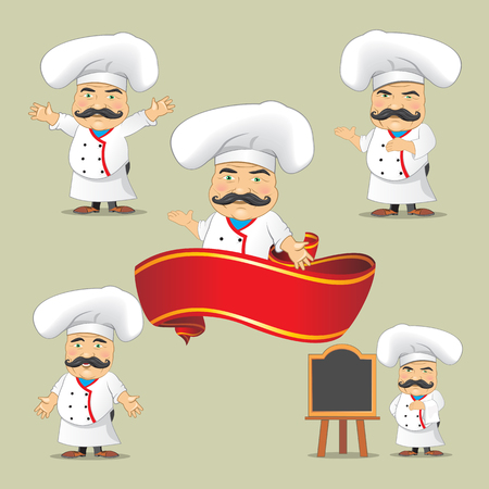 Vector set of cooks in different positions. Cartoon chefs cooking and holding tray with foodのイラスト素材