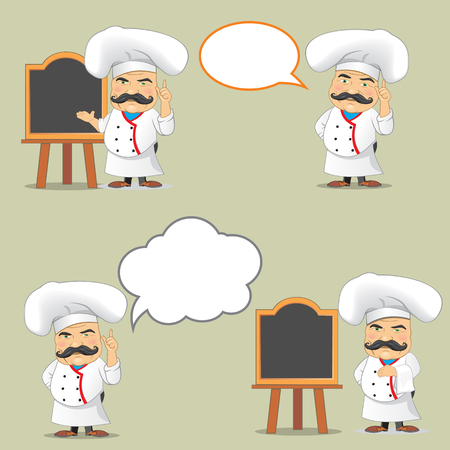 Vector set of cooks in different positions. Cartoon chefs cooking and holding tray with foodのイラスト素材