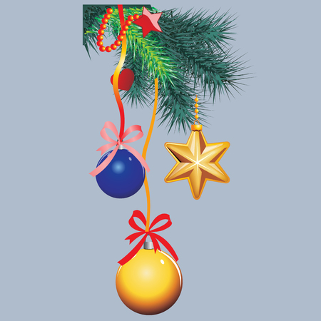 Winter background with spruce twigs and red baubles. Christmas vector illustration.のイラスト素材