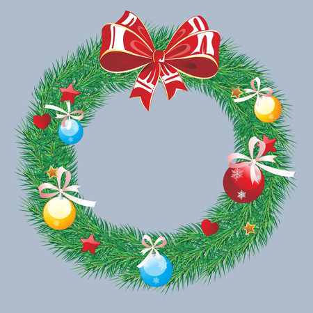 Winter background with spruce twigs and red baubles. Christmas vector illustration.のイラスト素材