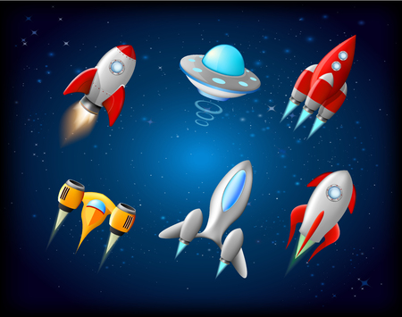 Vector spaceship and UFO vector set in cartoon style. Rocket and spacecraft, futuristic transportation, collection ship illustrationのイラスト素材