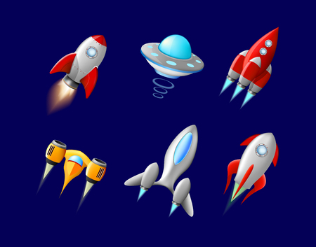 Vector spaceship and UFO vector set in cartoon style. Rocket and spacecraft, futuristic transportation, collection ship illustration.のイラスト素材