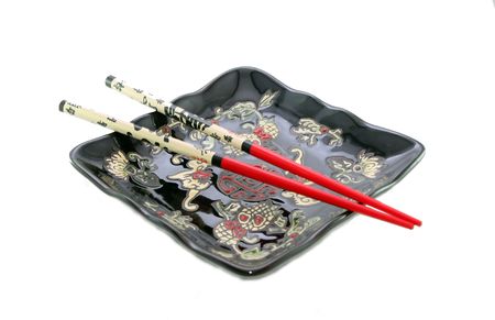 Japanese bowl and chopsticks for sushi on white backgroundの写真素材