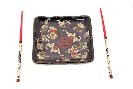 Japanese bowl and chopsticks for sushi on white backgroundの写真素材