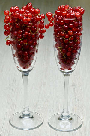Fresh red currant berries in glass wine glassesの写真素材