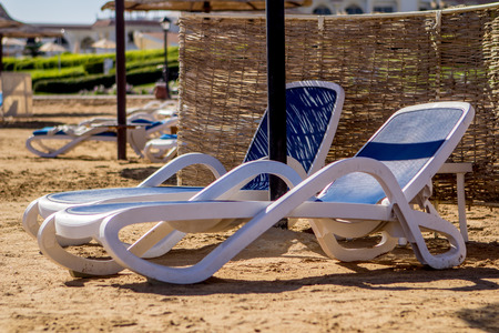 two empty blue sunbeds on the beach