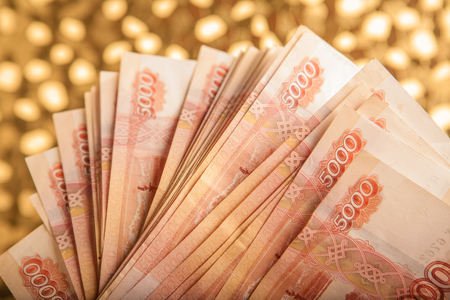 Russian money 5000 rubles banknote closeup macro, win concept of russia rouble money close up.