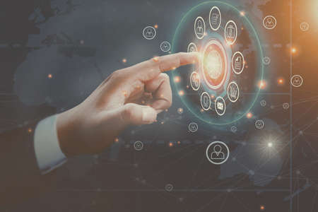 Business technology, Hand touching global network and data customer connection.