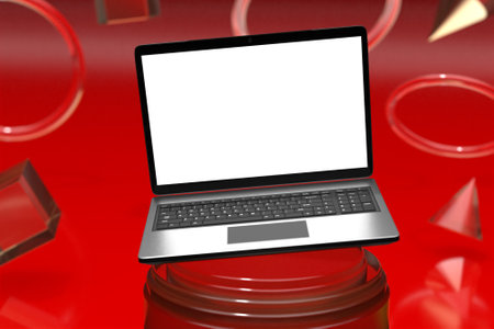 Laptop computer screen mockup above triple cylinder pedestal with background product presentation stage display by 3d renderingの写真素材