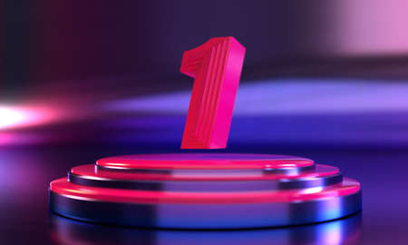 Number 1 above triple neon purple pink pedestal with neon purple background