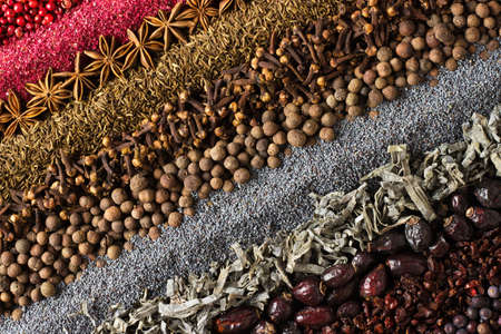 Various spices and herbs are scattered on table. Seasoning background for packaging with food.