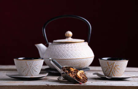 teapot and two glasses to serve the tea with spices palinの写真素材